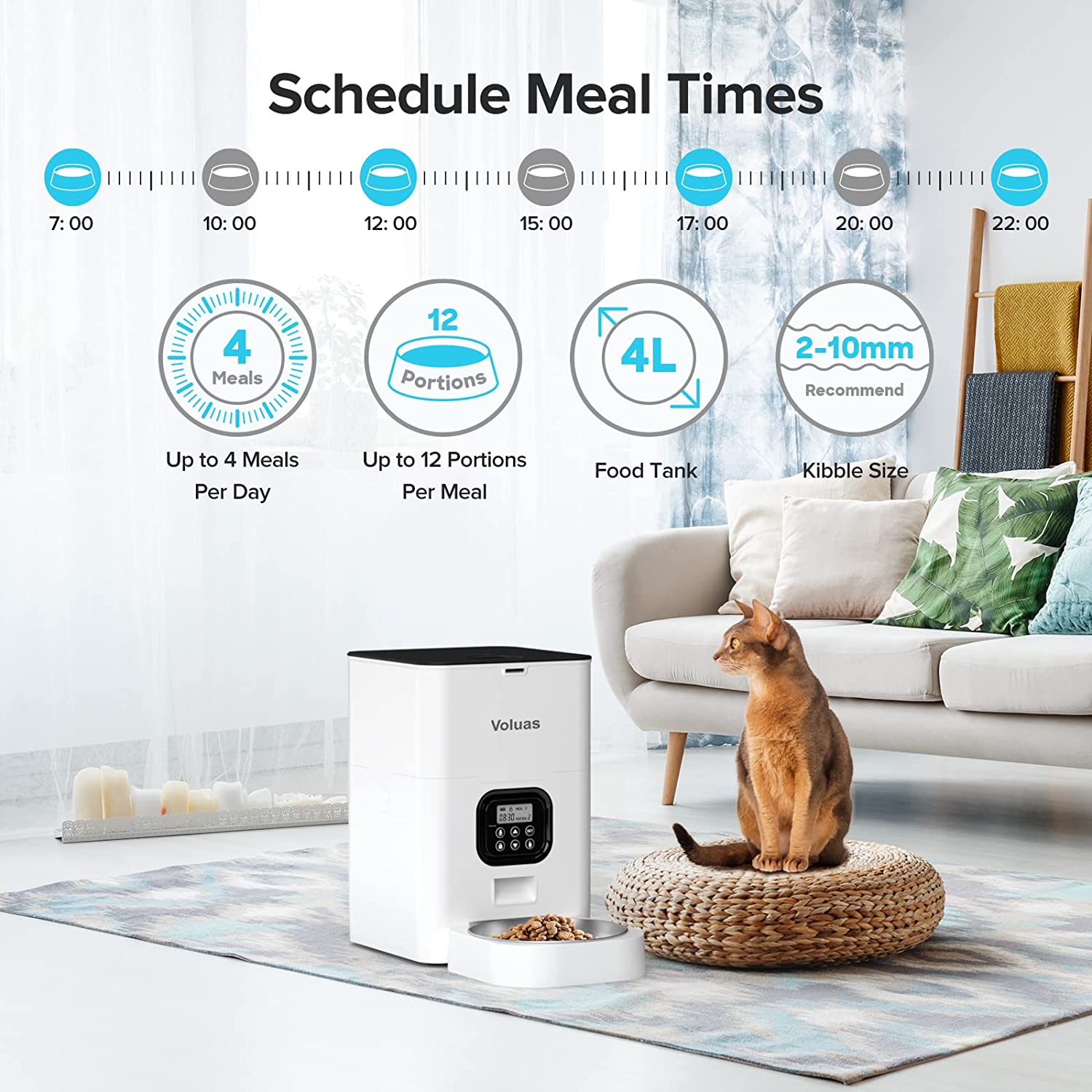 Automatic Pet Feeders for Cats and Dogs， Dry Food Dispenser with Desiccant Bag， Timed Cat Feeder， Programmable Portion Size Control 4 Meals Per Day， 10s Voice Recorder