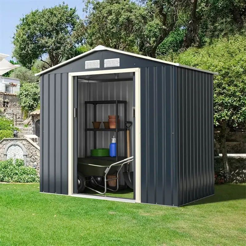 7’ x 4’ Outdoor Metal Storage Shed Backyard Garden Tool Storage Cabinet with 4 Vents & Sliding Double Lockable Doors