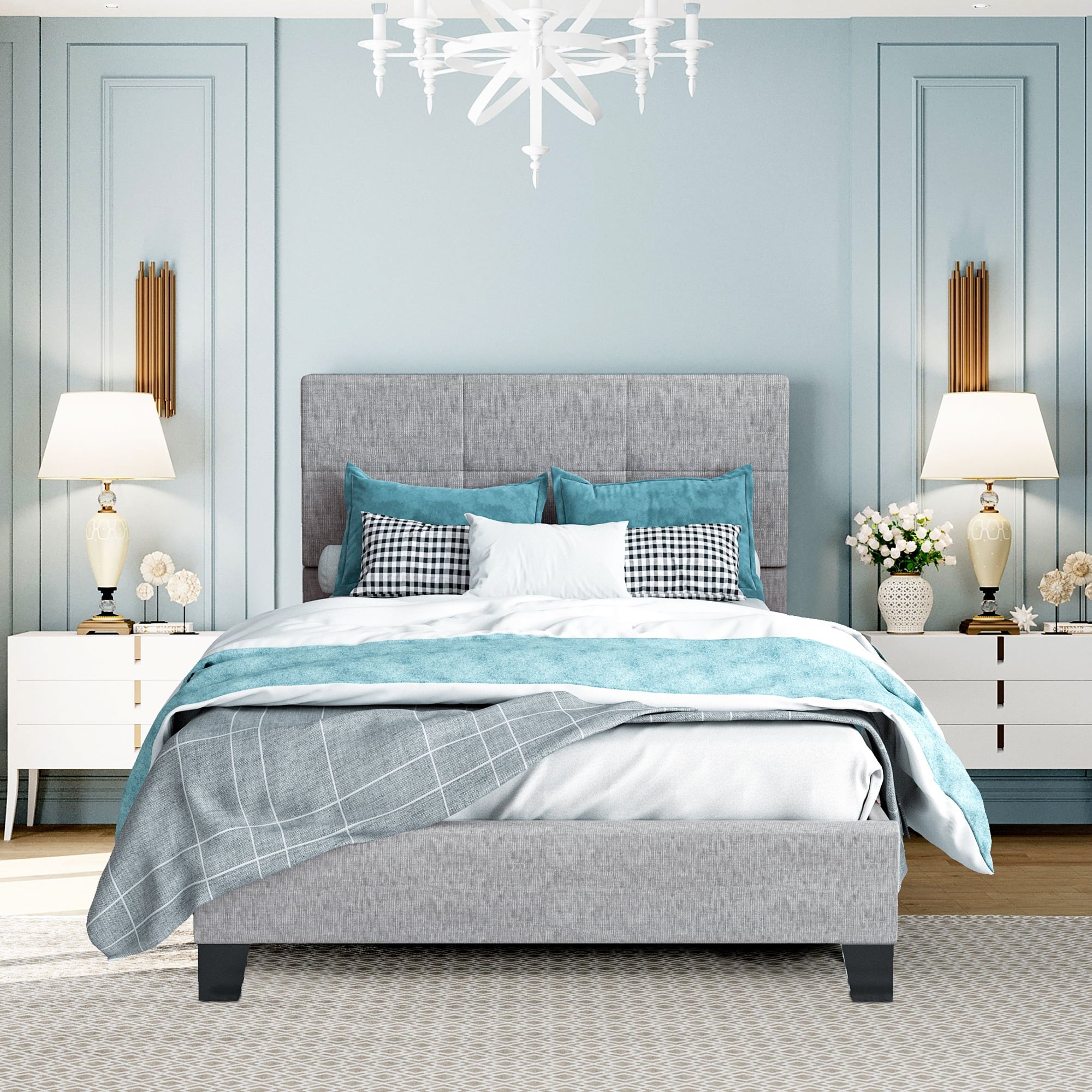 uhomepro Upholstered Tufted Fabric Platform Twin Bed Frame with Upholstered Headboard, No Box Spring Needed, Gray