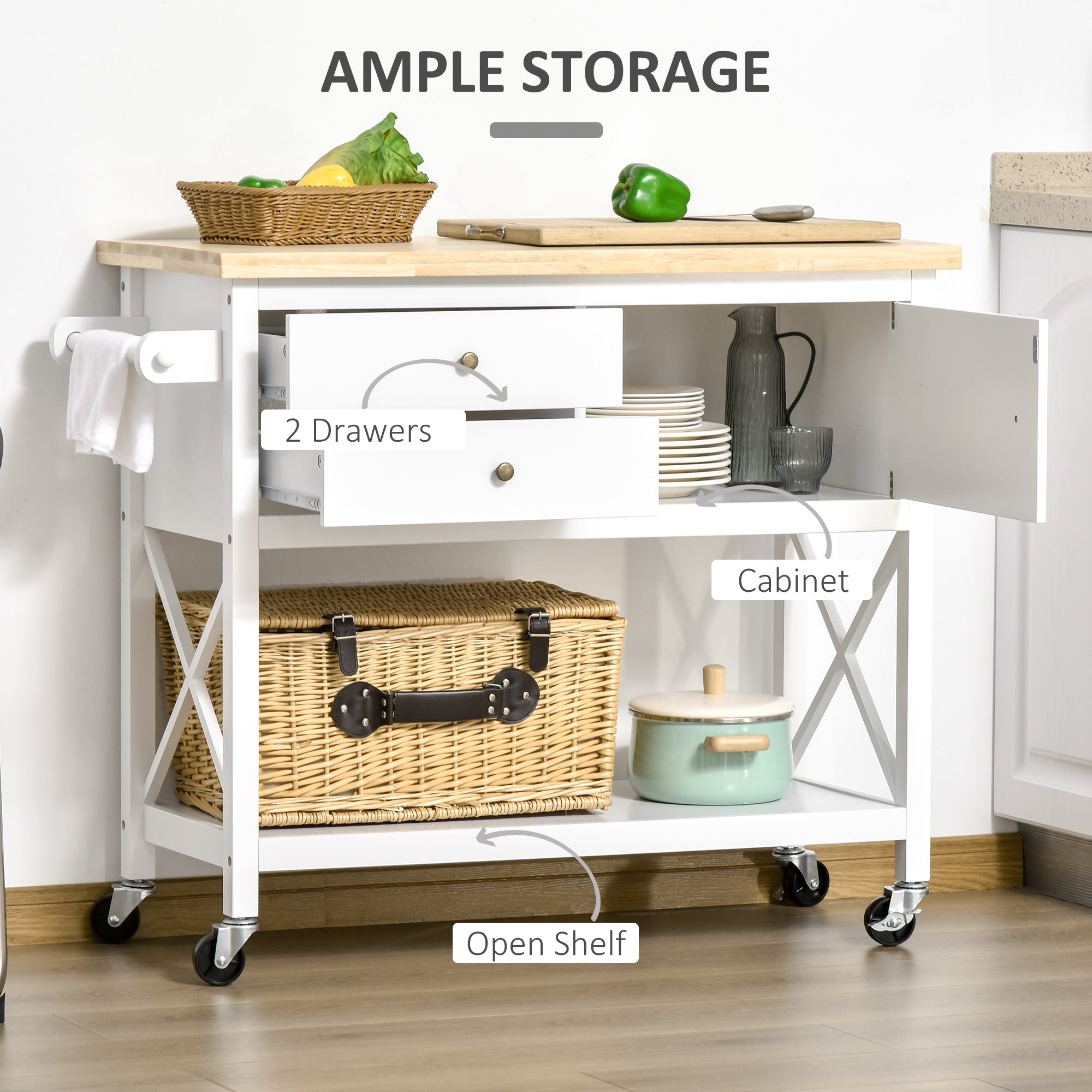 HomCom Utility Kitchen Cart Rolling Kitchen Island Storage Trolley with Rubberwood Top， 2 Drawers， Towel Rack， White