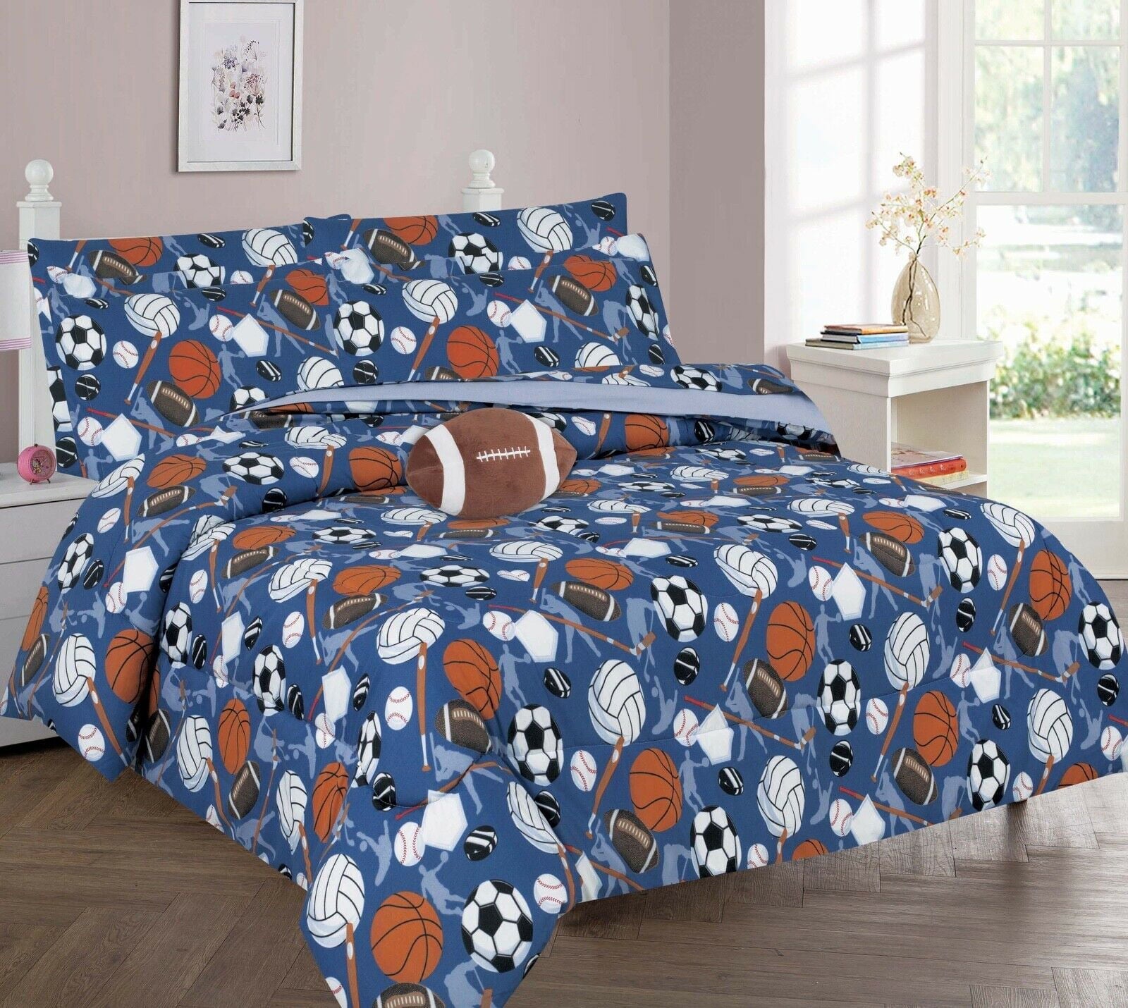 Bedding comforter in full size hockey sport design matching sheet set for kids bedroom décor for girls boys 8 pieces
