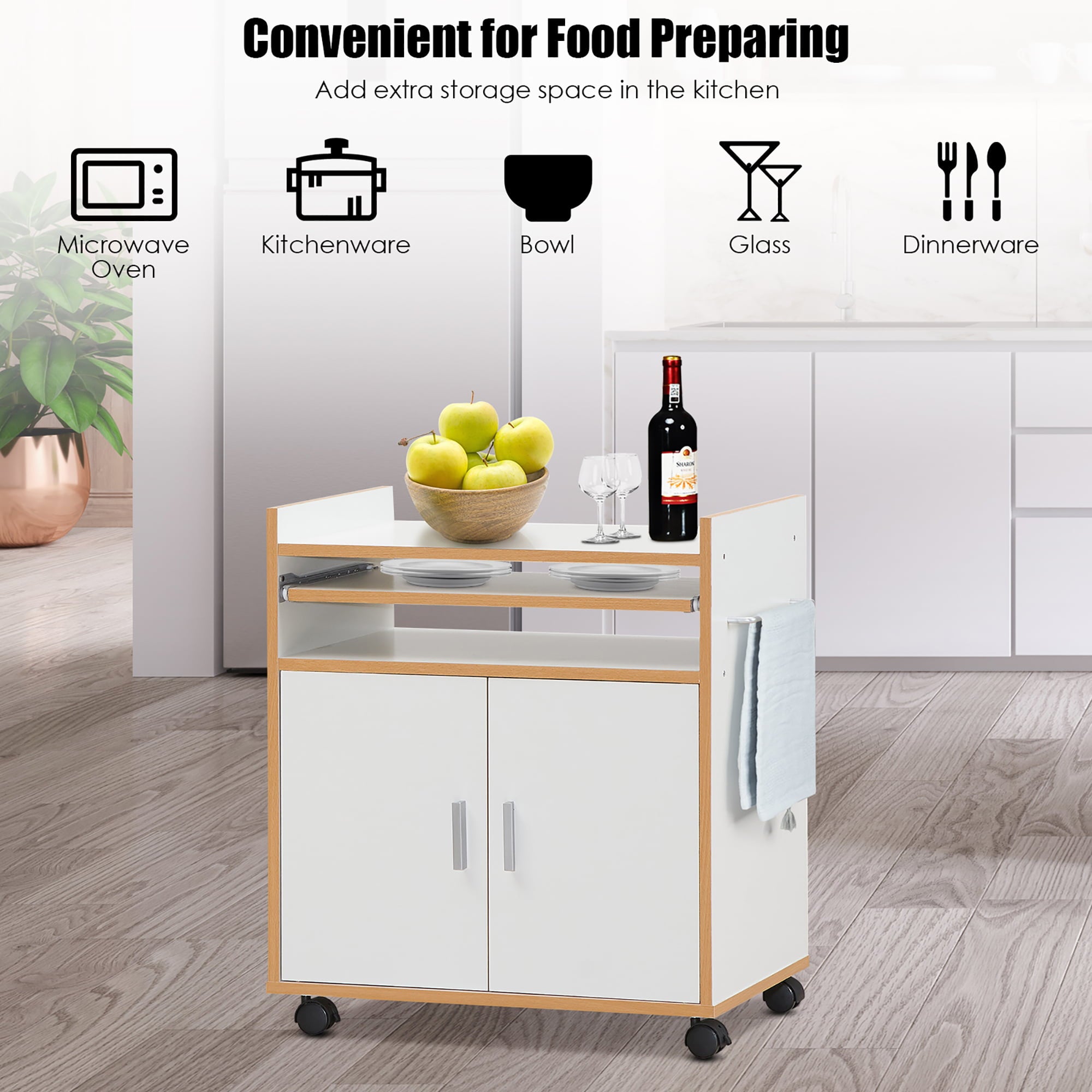 Costway Rolling Kitchen Trolley Microwave Cart Storage Cabinet W/ Removable Shelf White