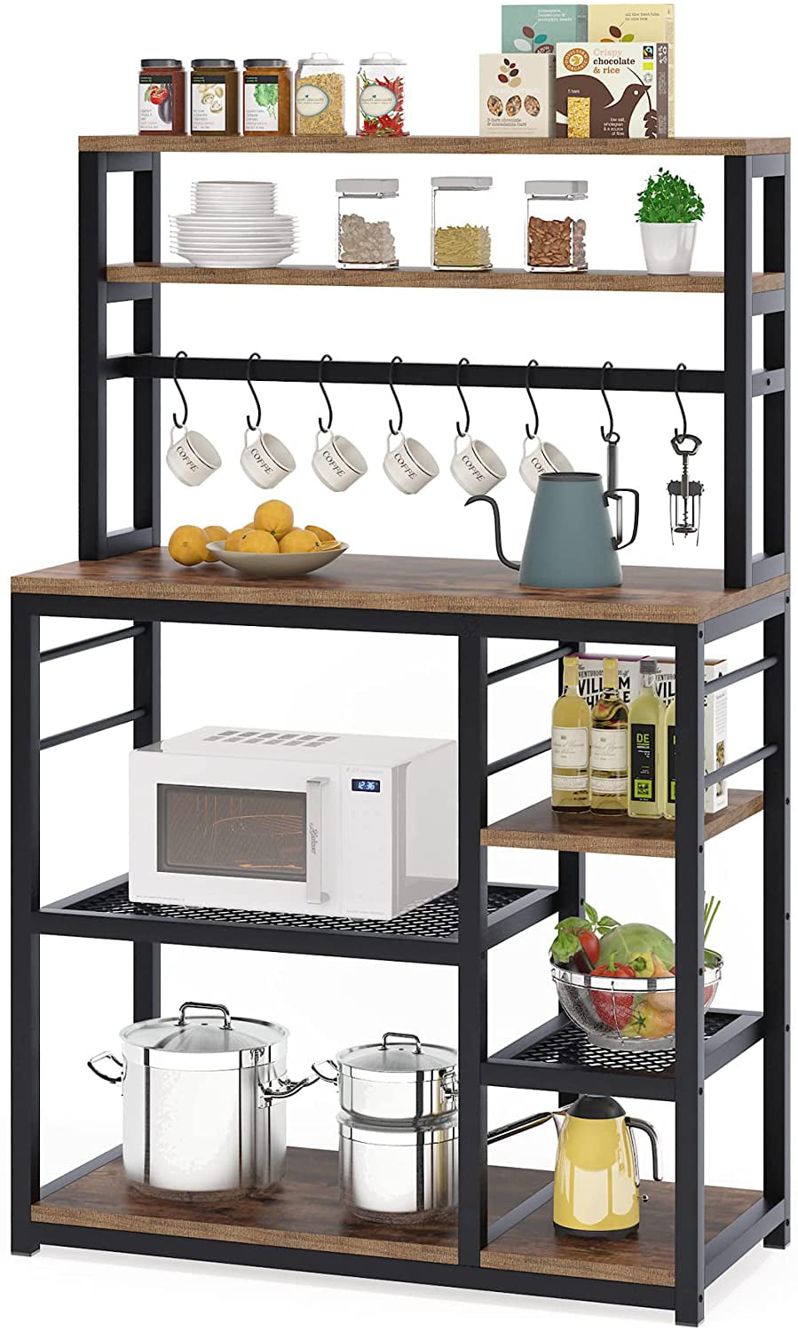 Tribesigns 55 inch Tall Kitchen Baker Rack， Industrial Microwave Cart Coffee Bar Brown