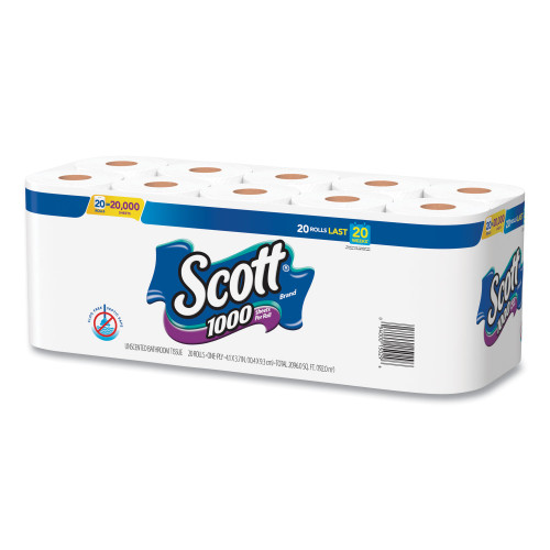 Scott 1000 Bathroom Tissue， Septic Safe， 1-Ply， White， 1，000 Sheet/Roll， 20/Pack (20032)
