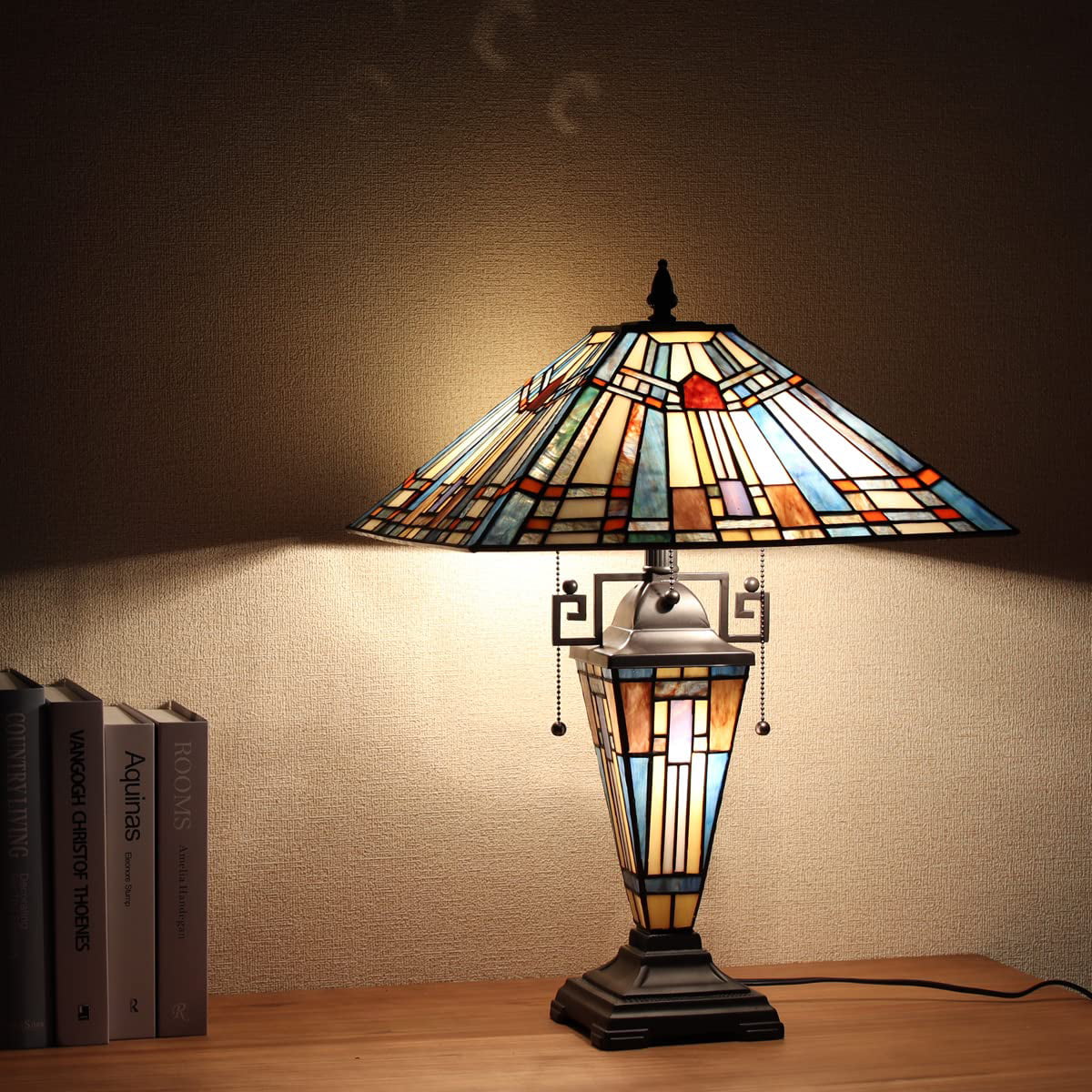 Vinplus  Table Lamp Night Light 16" Wide Handmade Stained Glass Lamp Shade 3 Light Blue Mission Style Vintage Table Lamp