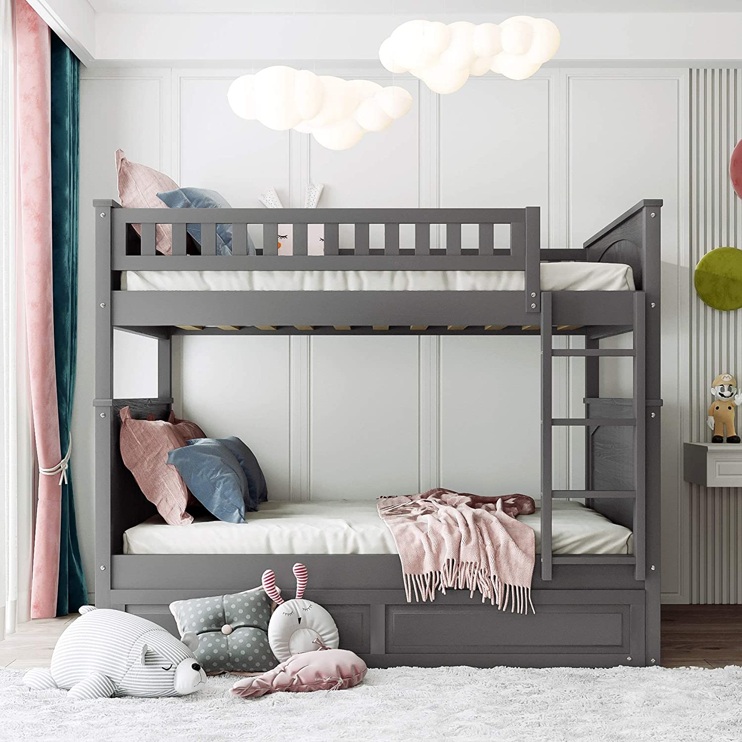 Churanty Full Over Full Bunk Bed with Twin Size Trundle, for Kids and Teens, Brushed Gray