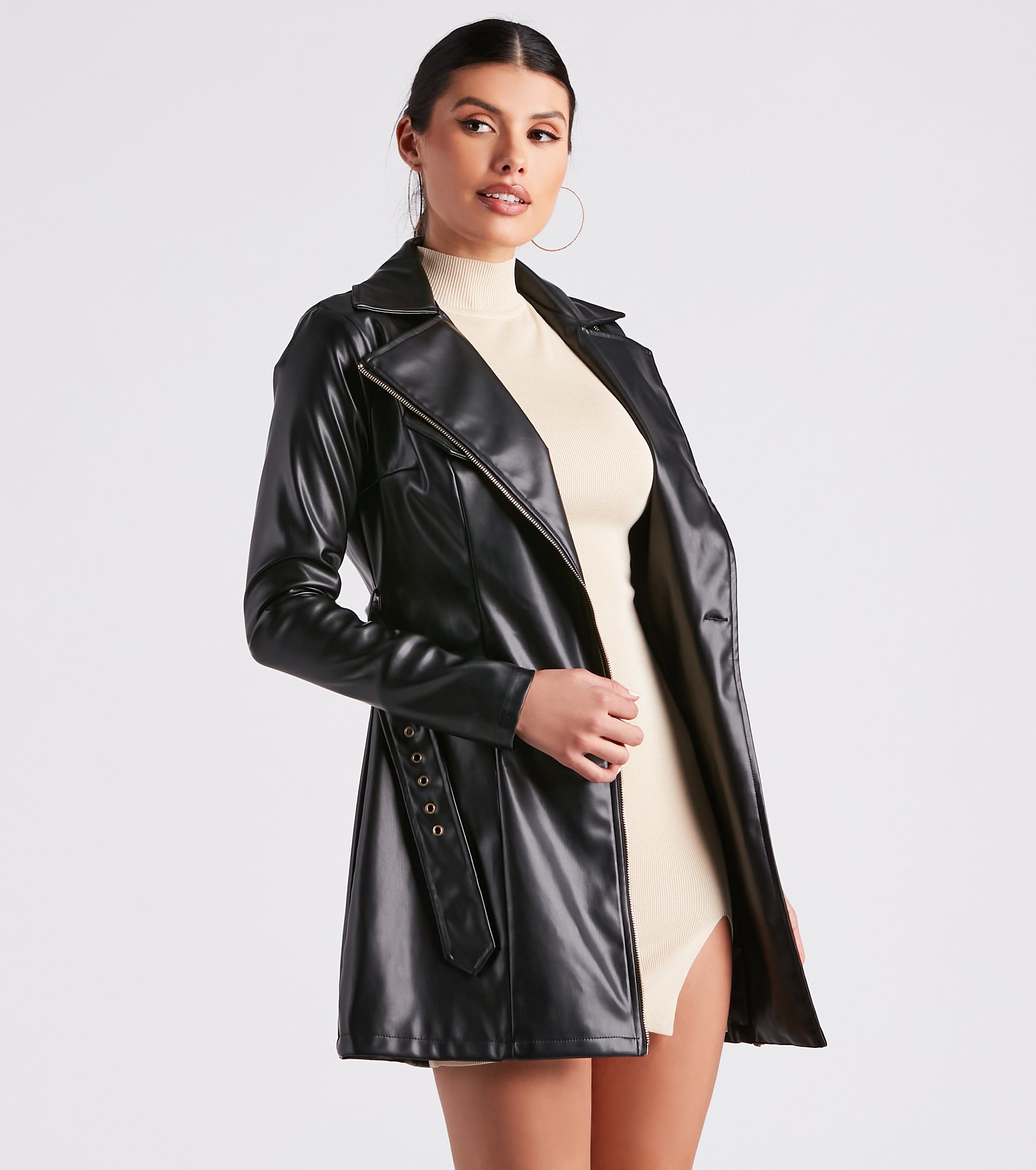 Cinched And Chic Faux Leather Trench Coat