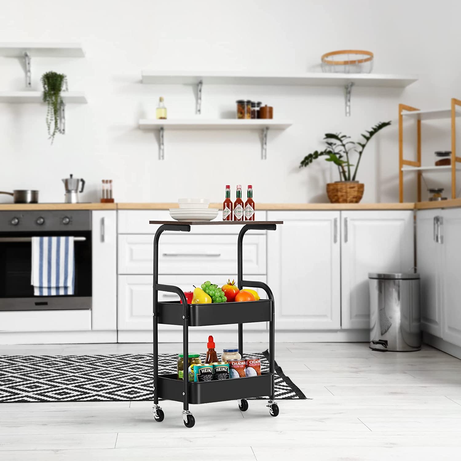 3-Tier Kitchen Rolling Storage Cart with Wheels， Wooden Tabletop， Black