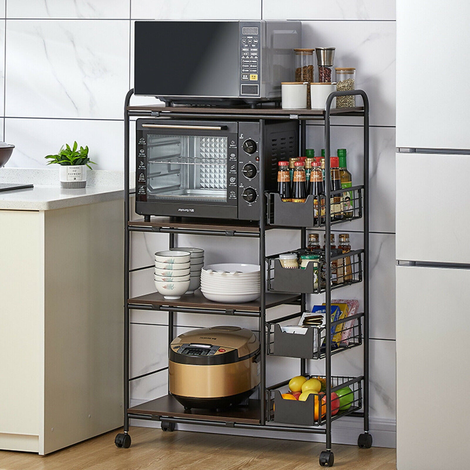 DENEST 4 Tiers Kitchen Storage Shelves Microwave Oven Cart Movable Cart