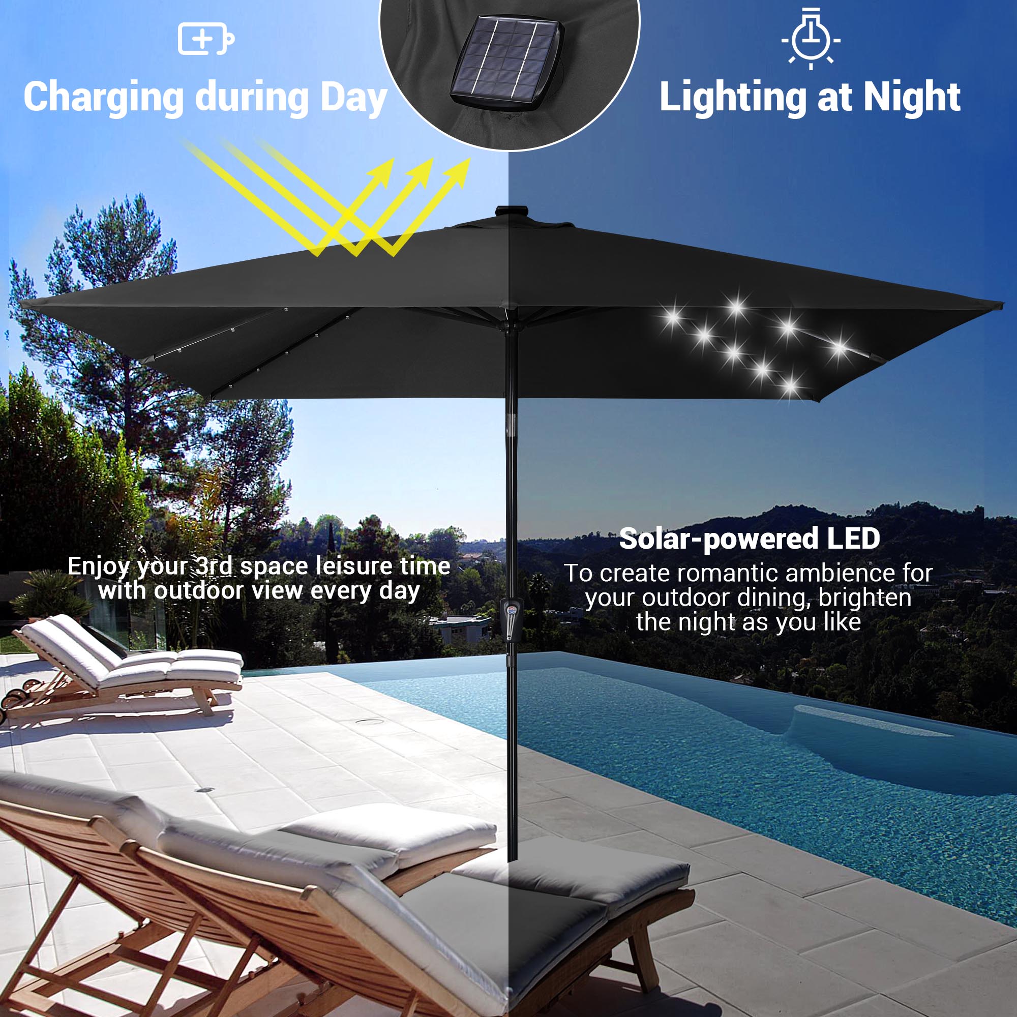 LAGarden 10x10 Ft LED Light Patio Umbrella Solar Power 8-Rib Tilt Aluminum for Outdoor Yard Table, USB Port Black