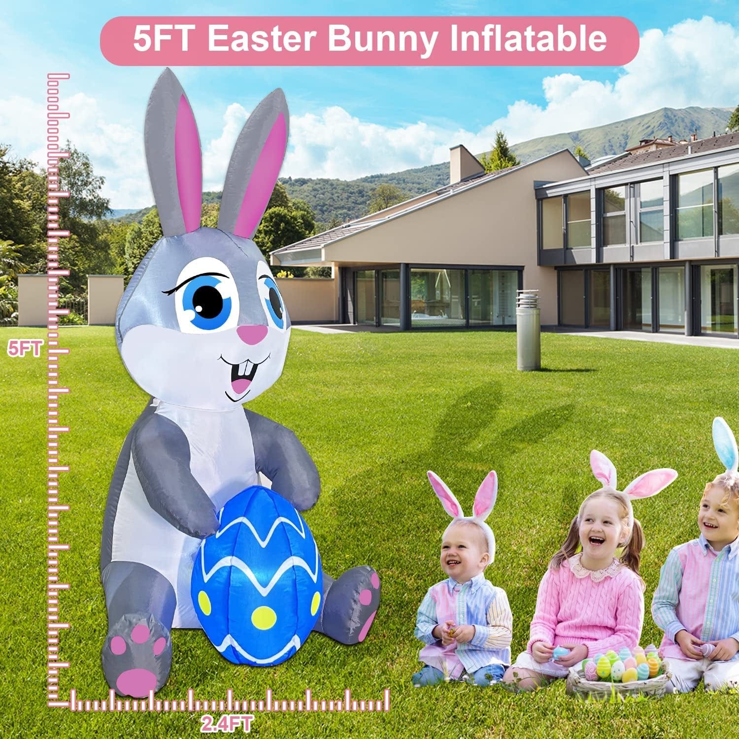 Zukakii 5FT Easter Inflatables Bunny Decorations with Bright Led Light