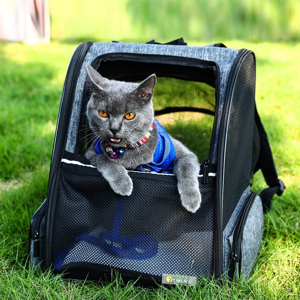 Texsens Cat Backpack Carrier， Super Breathable Carrier Backpack， Airline-Approved Bubble Cats and Puppies Backpacks， Designed for Hiking， Traveland Walking (Expandable Grsy)