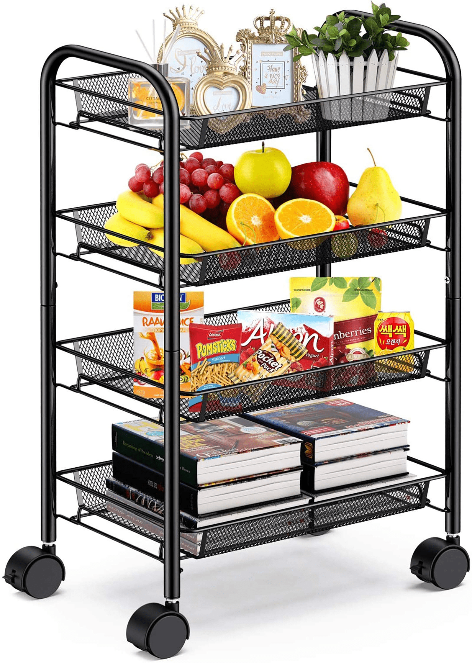 4 Tier Metal Mesh Rolling Utility Cart Storage Cart Kitchen Cart  for Home Kitchen Organizer， Black