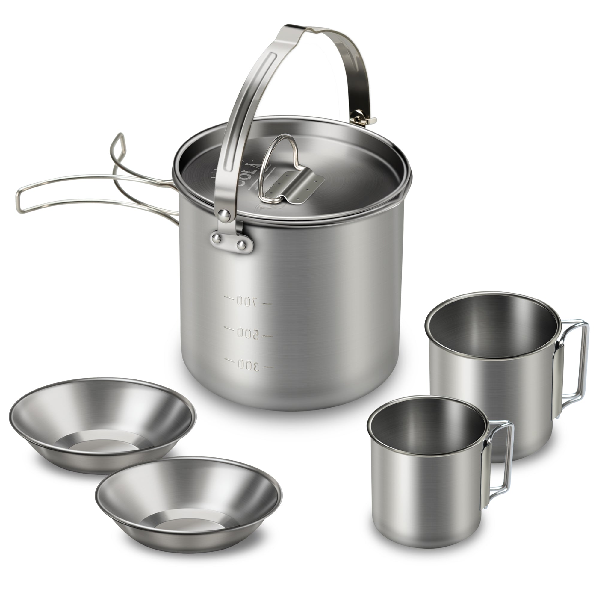 Tomfoto 5PCS Stainless Steel Kettle with 2 Cups 2 Bowls Foldable Handles Lid Large Capacity Portable Tea Coffee Water Cooking Pot for Camping Hiking Picnic Outdoors