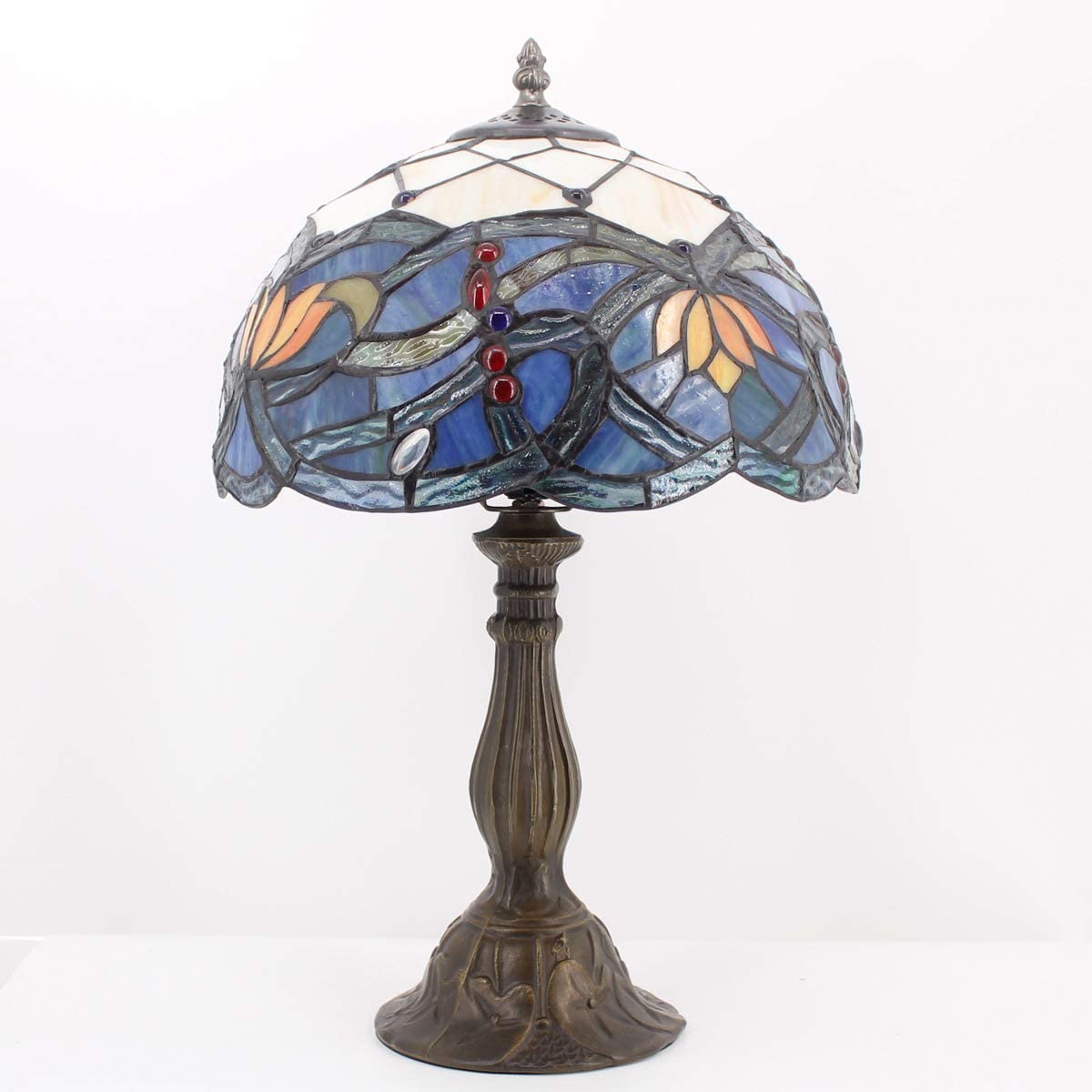 SHADY  Table Lamp Stained Glass Bedside Lamp Blue Lotus Desk Reading Light 12X12X18 Inches Decor Bedroom Living Room Home Office S220 Series