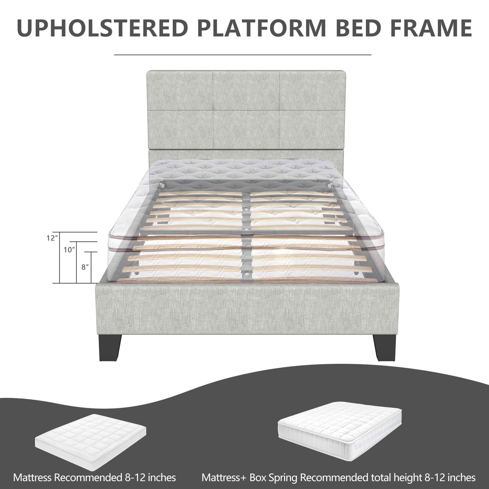 uhomepro Gray Twin Bed Frame for Adults Kids, Modern Fabric Upholstered Platform Bed Frame with Headboard, Twin Size Bed Frame Bedroom Furniture with Wood Slats Support, No Box Spring Needed