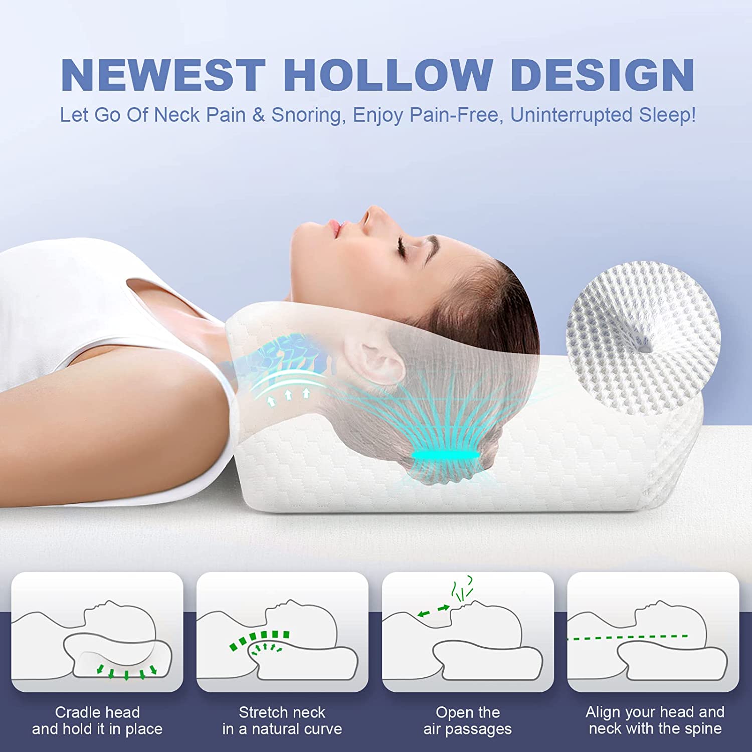 ALLJOYRR Adjustable Cervical Pillow for Neck Pain Relief, Hollow Contour Memory Foam Pillows Plus Support, Odorless Orthopedic Bed Pillows for Sleeping, Shoulder Pillow for Side Back Stomach Sleeper