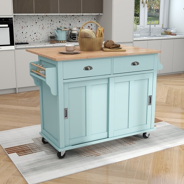 Kitchen Island Cart with Rubber Wood Drop-Leaf Countertop and Drawers - - 36906839