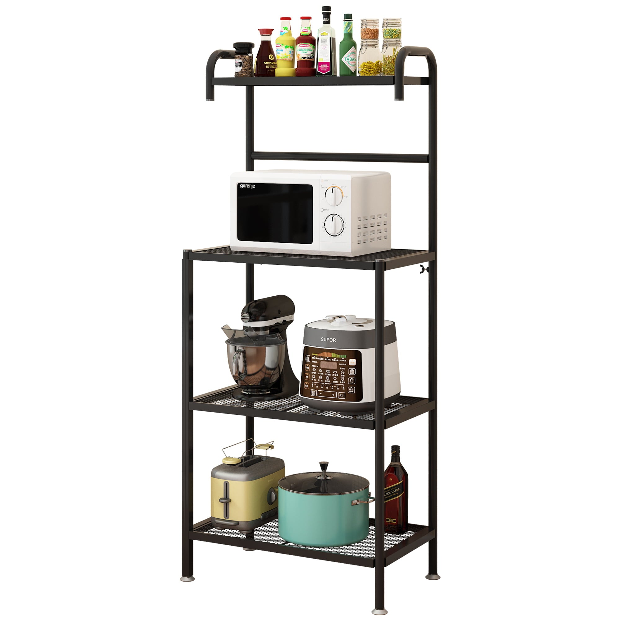 Ktaxon 4 Layers Baker's Rack Microwave Oven Stand Free Standing Kitchen Utility Storage Shelving Organizer， Kitchen Island Cart， Coffee Bar Table， Black