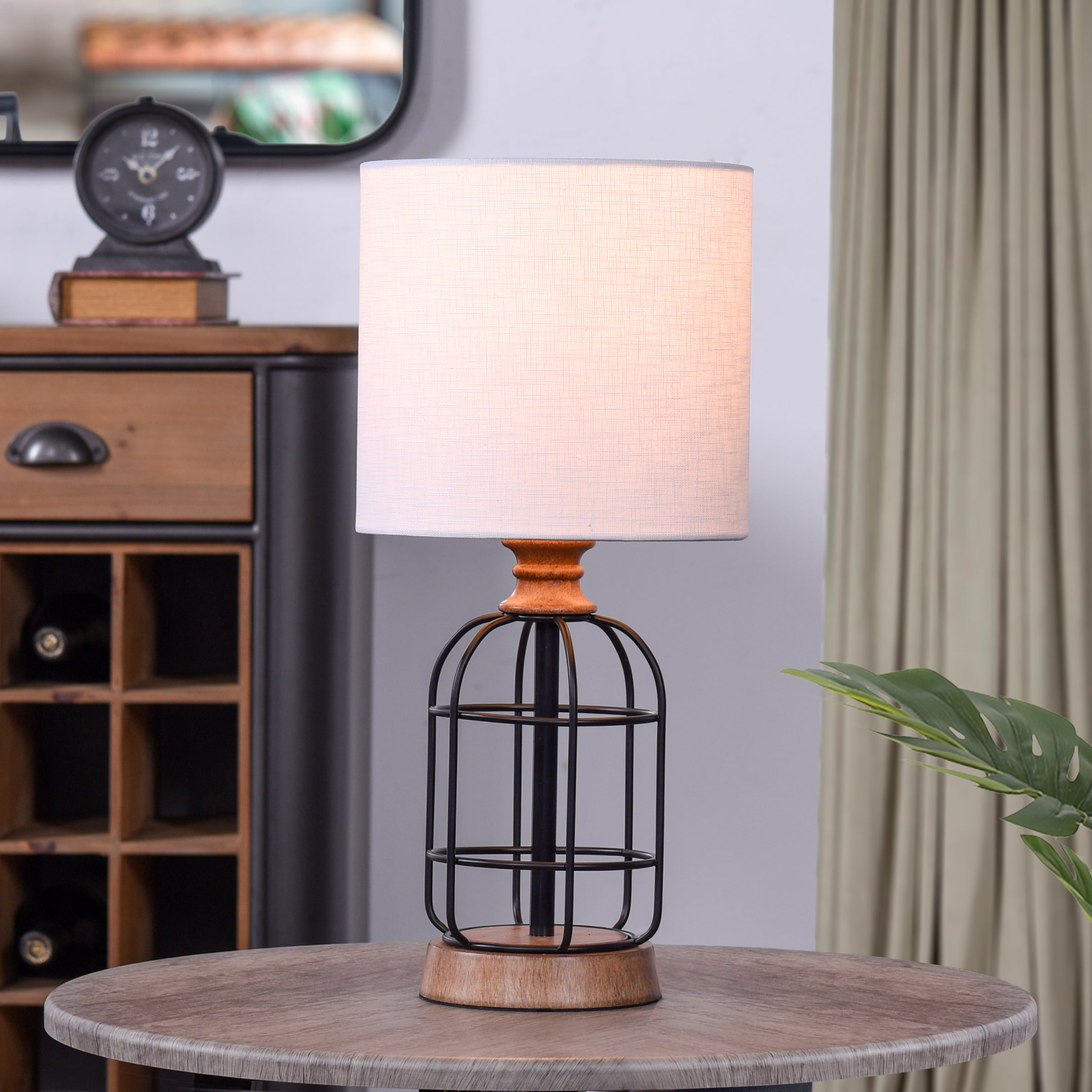 Mainstays Black Metal Cage Table Lamp with Wood Accents and Drum Shade， bulb included， 17