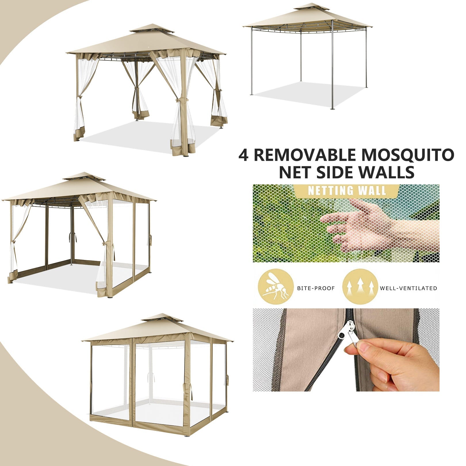 10 ' x 10 ' Gazebos for Patios, Gazebo Canopy with 4 Mosquito Netting, Rainproof & Sunscreen Shelter Tent with Double Eaves for Garden Backyard and Deck