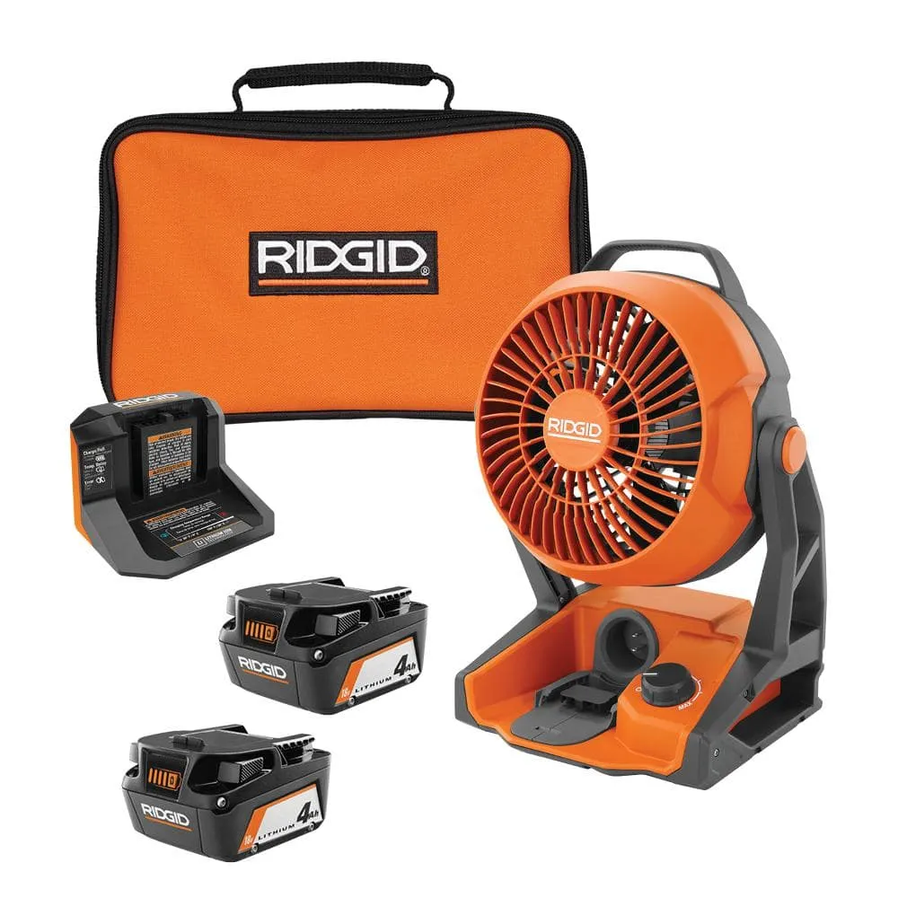 RIDGID 18V Cordless Hybrid Jobsite Fan with (2) 4.0 Ah Batteries, Charger, and Bag R860721B-AC93044SBN