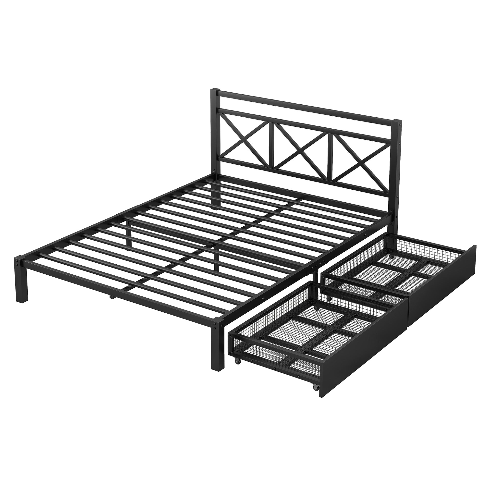Metal Queen Size Platform Bed with Two Drawers for Living Room, Black