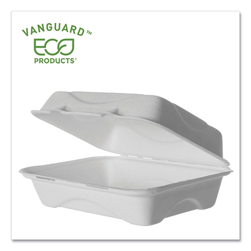 Eco-Products Vanguard Renewable and Compostable Sugarcane Clamshells | 1-Compartment， 9 x 6 x 3， White， 250