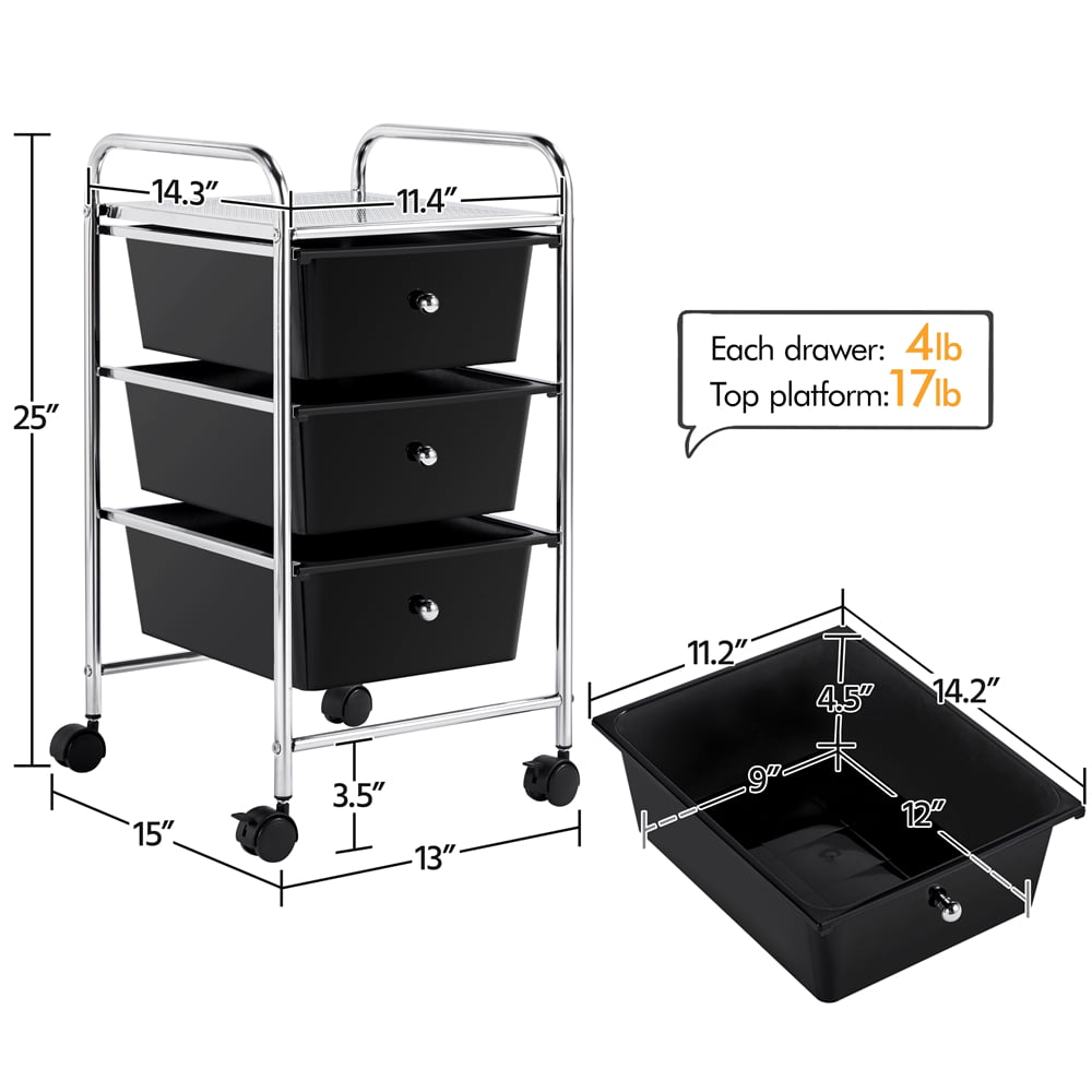 Yaheetech 3 Drawers Rolling Storage Cart Bin Organizer with Metal Frame and Flexible Wheel， Black