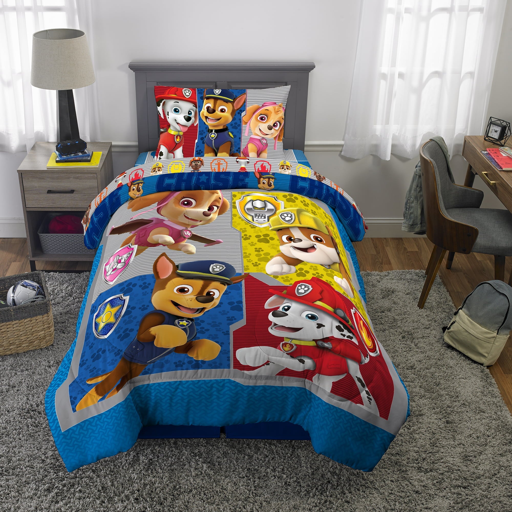 PAW Patrol Kids Twin Bed in a Bag, Comforter and Sheets, Blue and Gray, Nickelodeon