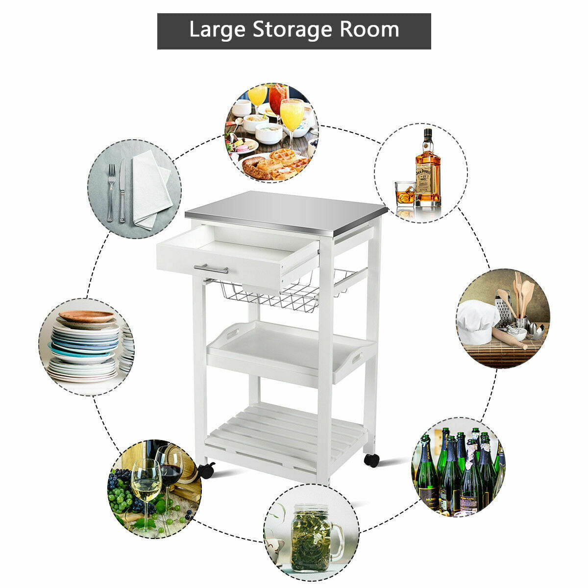 Costway Rolling Kitchen Trolley Cart Steel White Top Removable Tray W/Storage Basket andDrawers