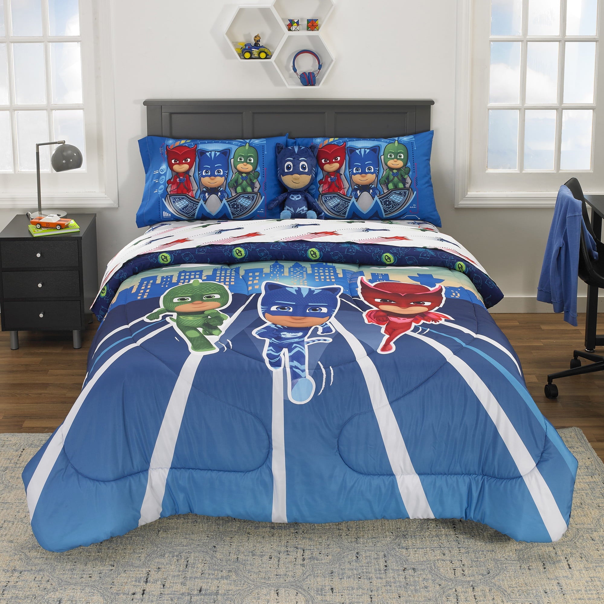 PJ Masks Kids Full Bed in a Bag, Comforter and Sheets, Blue, Hasbro