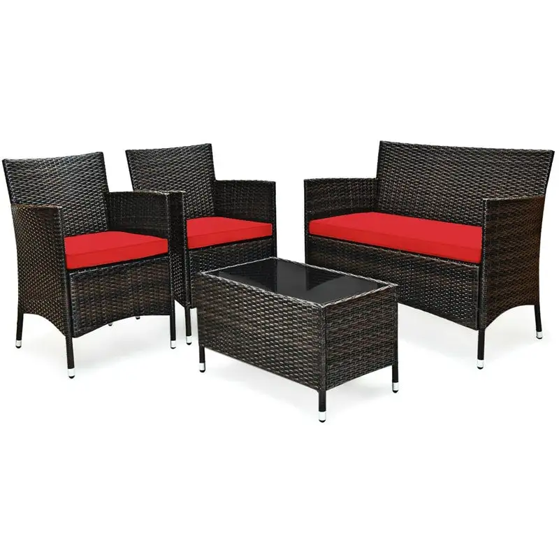 💝(LAST DAY CLEARANCE SALE 70% OFF)4 Pcs Outdoor Rattan Patio Conversation Set Wicker Furniture Set with Coffee Table and Cushioned Sofas