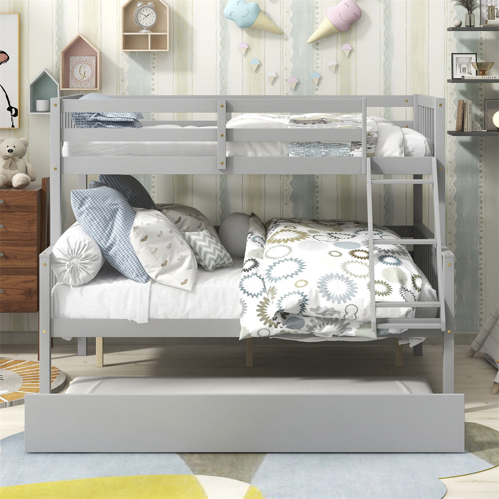 Twin Over Full Bunk Bed with Trundle, Wood Bed Frame with Ladder and Safety Rails for Kids, Teens, Adults, Gray