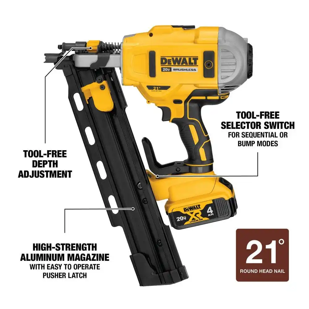 DEWALT 20V MAX XR Lithium-Ion Cordless Brushless 2-Speed 21° Plastic Collated Framing Nailer with 4.0Ah Battery and Charger DCN21PLM1