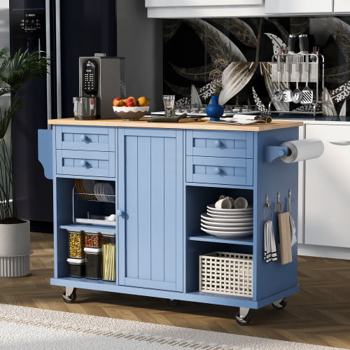 Kitchen Island， Trolley Cart Utility Cabinet on Wheels with Storage， Spice Rack with Drawers and Storage Cabinets， Kitchen Island with Rubber Wooden Countertop， Towel Racks， Adjustable Shelves，Blue