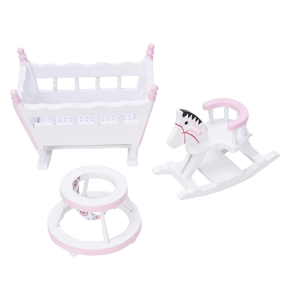 1:12 Doll House Accessories Mini Furniture Dollhouse Cradle Wooden Horse Stroller Setwhite