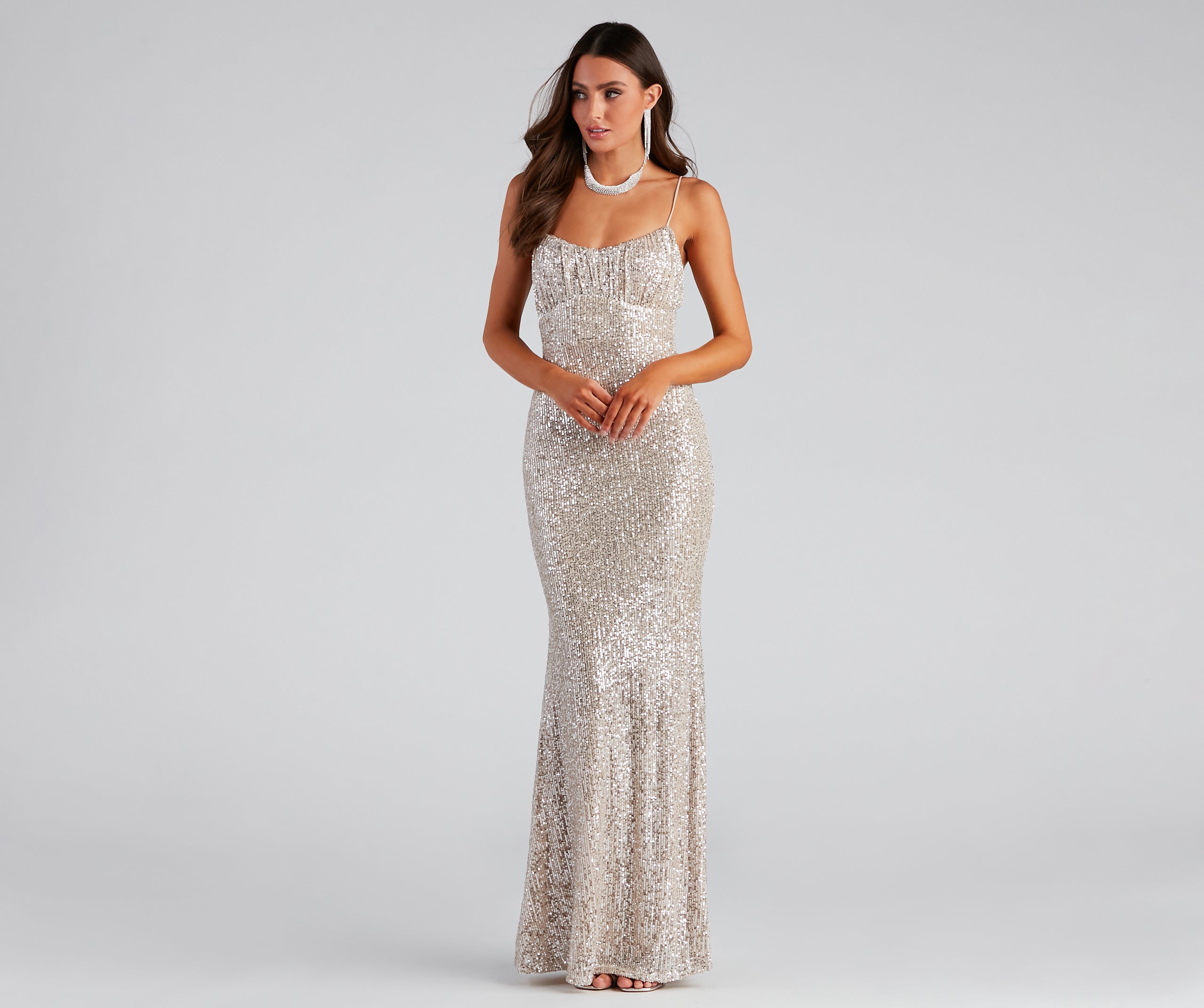 Arely Formal Sequin Scoop Neck Long Dress
