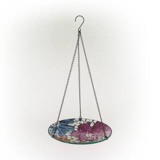 Alpine Corporation 10 in. Round Glass Mosaic Floral Hanging Birdbath， Multicolor HMD214