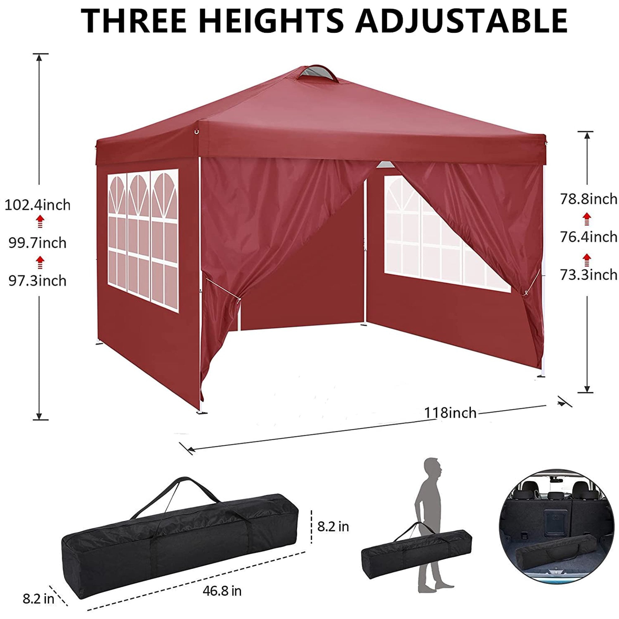 10' x 10' Canopy Tent Party Tent UV/Sun/Rain Protection Straight Leg Instant Pop Up Canopy Tent, Height Ajustable Beach Shade Tent Gazebo w/4 Removable Sidewalls, Carry Bag, 4 Sandbags, Red