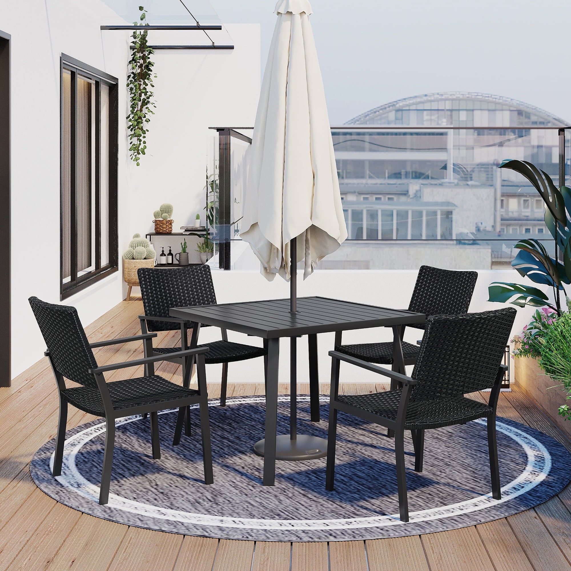 5 Piece Patio Dining Set, BTMWAY PE Rattan Patio Table and Chairs Sets with Umbrella Hole Table and 4 Dining Chairs, Outdoor Patio Bistro Sets for Backyard Garden Balcony, Black Wicker
