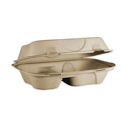World Centric Fiber Hinged Hoagie Box Containers | 2 Compartments， 9 x 6 x 3， Natural， 500