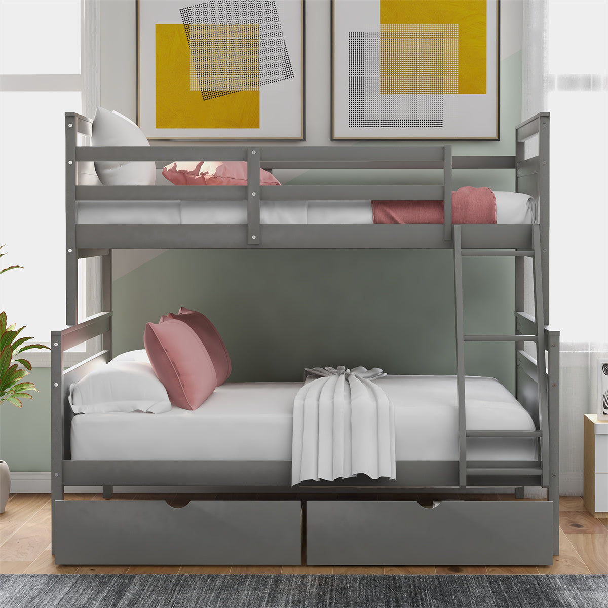 Twin Over Full Bunk Bed with Two Storage Drawers, Pine Wood Bed Frame and Guardrails and Ladder for Kids and Teens Trundle, Grey