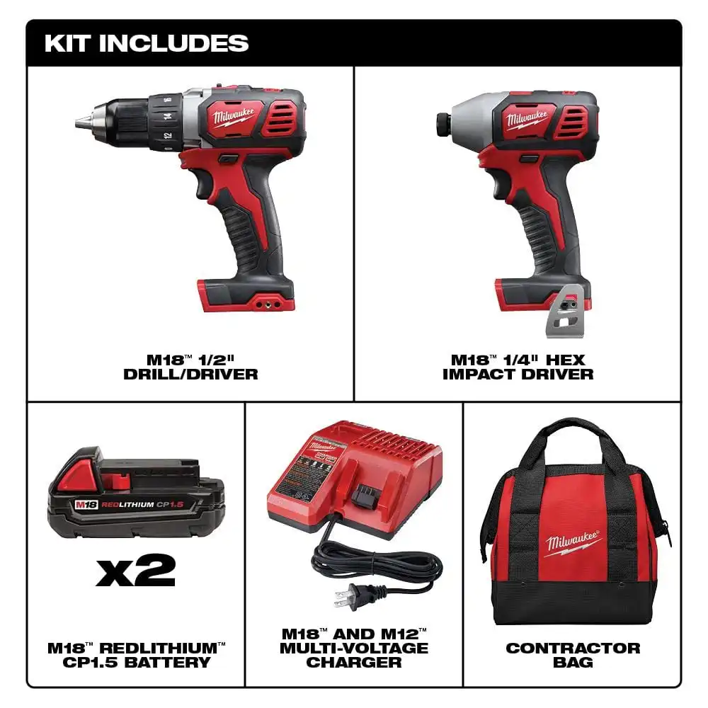 Milwaukee M18 18V Lithium-Ion Cordless Drill Driver/Impact Driver Combo Kit (2-Tool) W/ Two 1.5Ah Batteries, Charger Tool Bag 2691-22