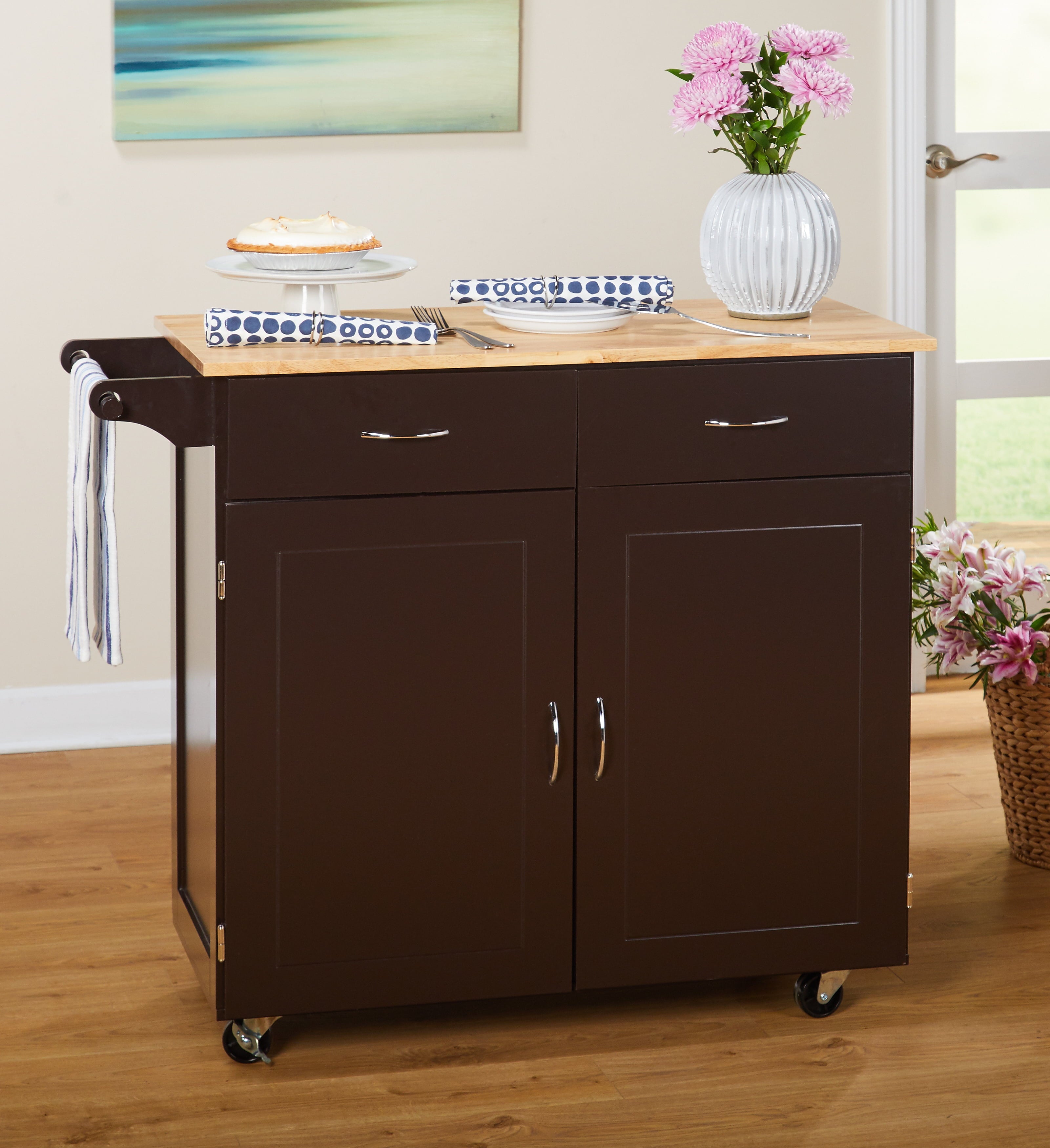 TMS Large Kitchen Cart with Rubber wood Top， Espresso