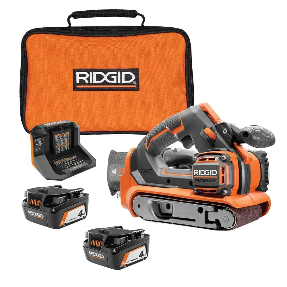 RIDGID 18V Brushless Cordless 3 in. x 18 in. Belt Sander with (2) 4.0 Ah Batteries, Charger, and Bag R86065B-AC93044SBN