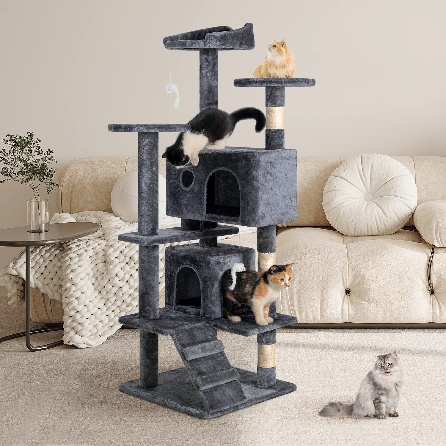 BestPet 54in Multi-Level Cat Tree Tower with Cat Scratching Post Stand House Furniture Kitty Activity Tree，Gray