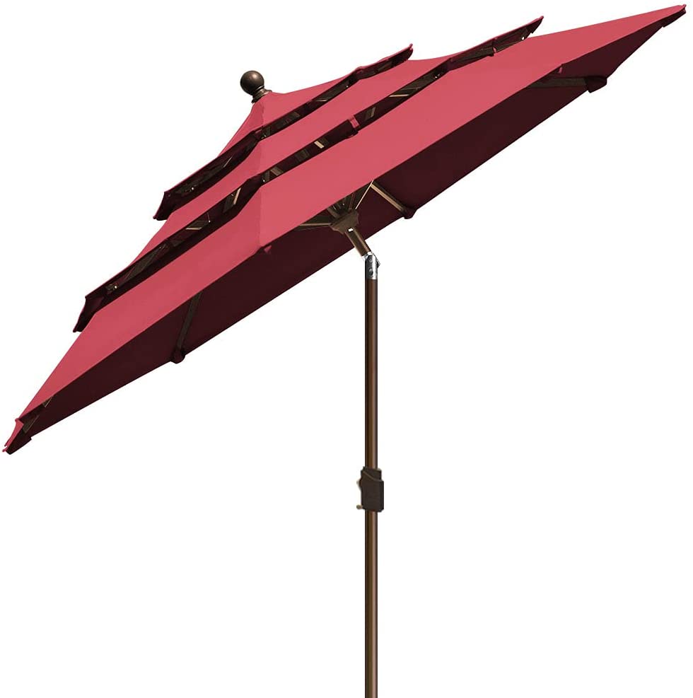 EliteShade 9Ft 3 Tiers Market Umbrella Patio Umbrella Outdoor Table Umbrella with Ventilation and 5 Years Non-Fading Top （Burgundy)