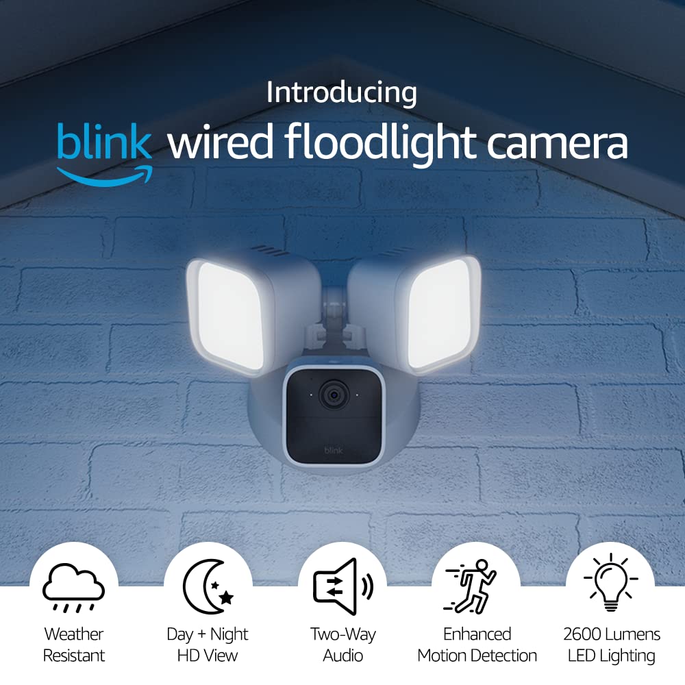 Blink Wired Floodlight Camera �C Smart security camera， 2600 lumens， HD live view， enhanced motion detection， built-in siren， Works with Alexa �C 1 camera (White)