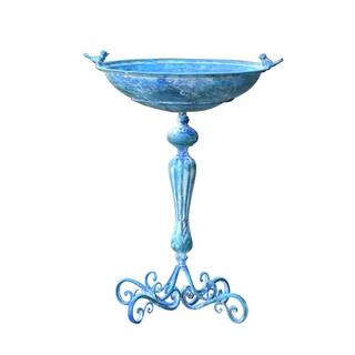 Zaer Ltd. International Iron Pedestal Birdbath with Little Bird Detail in Antique Blue ZR160318-BL